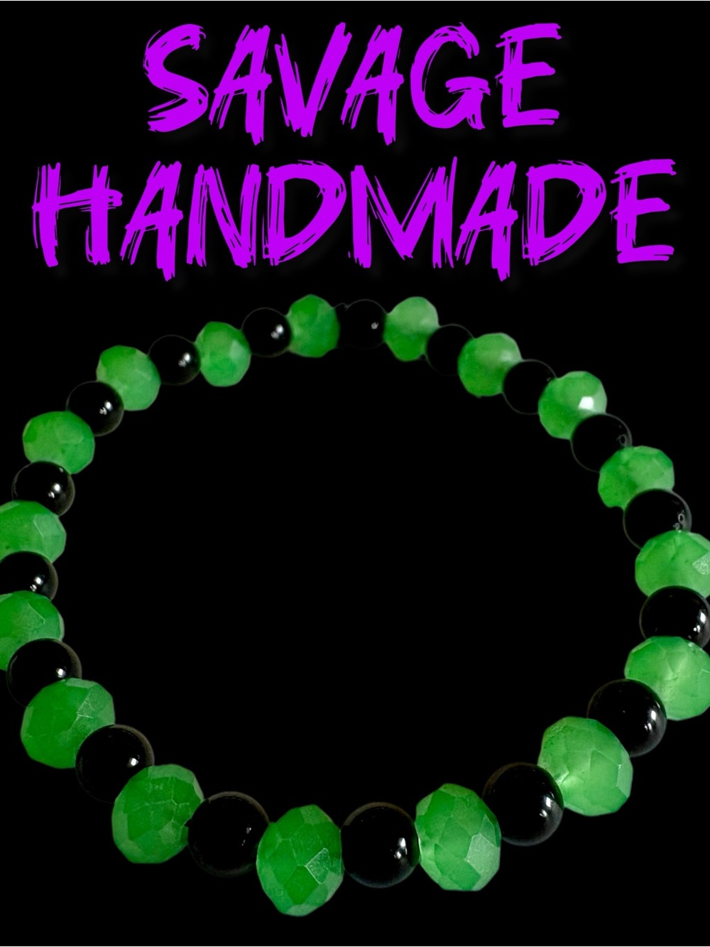 Handmade Green and Black Faceted Bead Stretch Bracelet